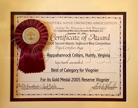 Certificate awarded to Rappahannock Cellars for its Viognier   Huntly Virginia USA