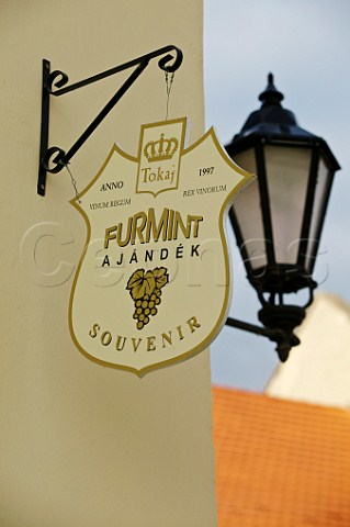 Wine sign on building in the town of Tokaj Hungary