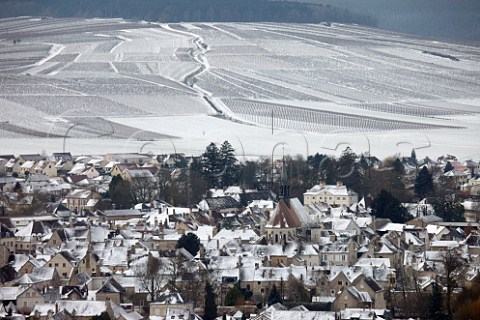 Town of Chablis and its StMartin Collegiate Church with Vaillons vineyard beyond   Yonne France  Chablis Premier Cru