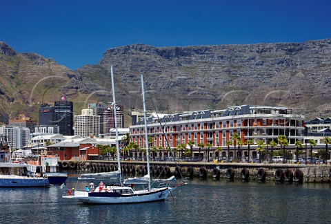 Yacht in harbour of the VA Waterfront with Table Mountain beyond     Cape Town Western Cape South Africa