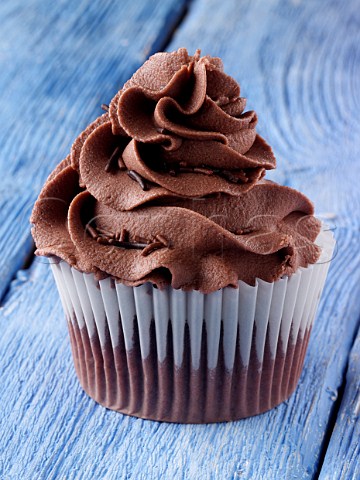 Chocolate iced cupcake on a blue background