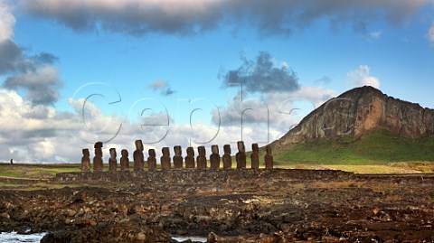 Ahu Tongariki with Rano Raraku volcano in the distance Easter Island