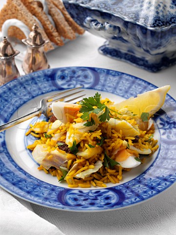 Individual portion of kedgeree with toast