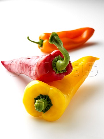 Red yellow and orange sweet peppers on a white background