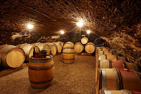 Barrels and bottles in cellar of Domaine Charles Audoin MarsannaylaCte CtedOr France  Marsannay