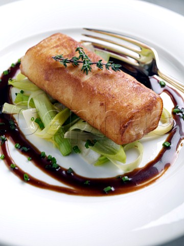 Individual serving of fish paupiette sauteed leeks with barolo sauce