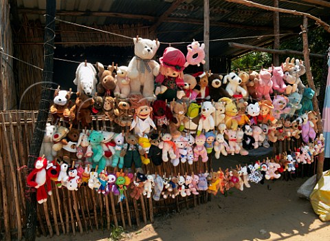 Roadside stall selling childrens soft toys Ponta do Ouro southern Mozambique