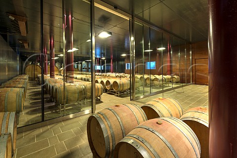 Barrel cellar in new winery of Domenico Clerico Monforte dAlba Piemonte Italy Barolo