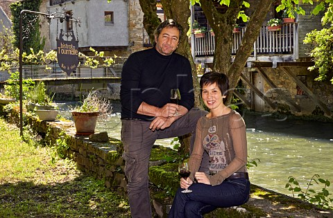 Pascal died 2021 and Evelyne Clairet in the garden of Domaine de la Tournelle by the Cuisance River in Arbois Jura France