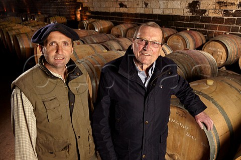Pierre Martin owner and his estate manager Bruno Ciofi in barrel cellar of Domaine de la Pinte Arbois Jura France