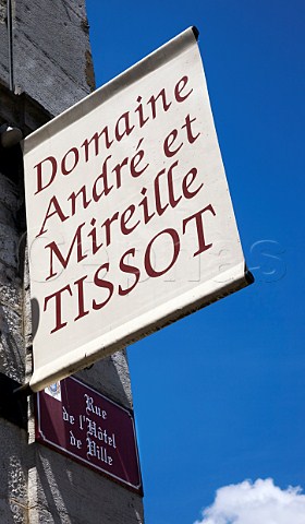 Sign on wall of shop of Domaine Andr et Mireille Tissot Arbois Jura France