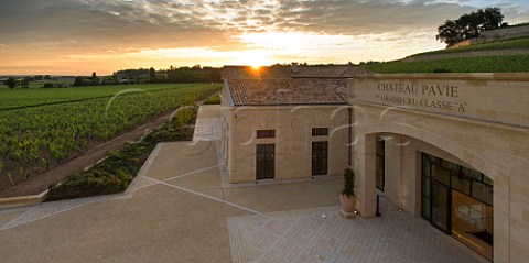 Chai and vineyards of Chteau Pavie at sunset Stmilion Gironde France Saintmilion  Bordeaux
