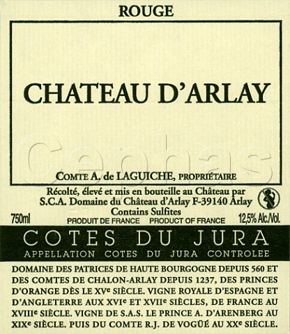 Wine label from bottle of Chteau dArlay Arlay Jura France Ctes du Jura