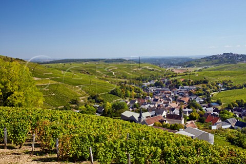 View over village of Chavignol from top of Le Cul de Beaujeu vineyard with Les Monts Damns vineyard on left and hilltop town of Sancerre in distance Cher France   Sancerre