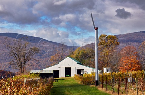 Antifrost wind machine in autumnal vineyard of Cardinal Point Winery with the Blue Ridge Mountains in distance Afton Virginia USA Monticello AVA