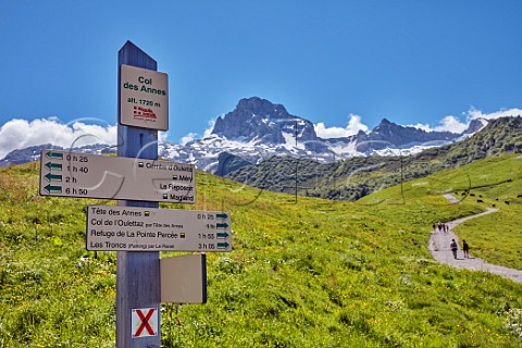 Signpost at the Col des Annes in the Chaine des Aravis Le GrandBornand HauteSavoie France