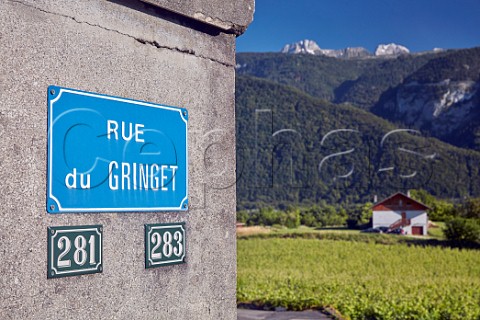 Sign for Rue du Gringet on wall at Domaine Belluard Ayze HauteSavoie France