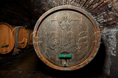Old carved barrel in the cellar of Weingut Emmerich Knoll Unterloiben Niederosterreich Austria  Wachau