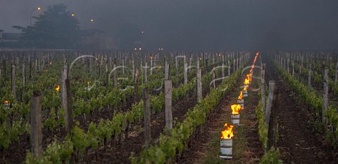 Oil burning smudge pots in vineyard during subzero temperatures of April 2017 Stmilion Gironde France  Saintmilion  Bordeaux