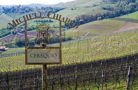 Sign of Michele Chiarlo in Cerequio vineyard La Morra Piemonte Italy Barolo