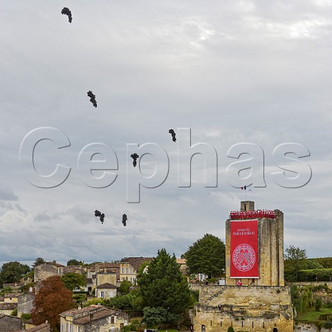 The Jurade de Stmilion atop the Tour du Roi during the Ban des Vendanges in September Saintmilion Gironde France