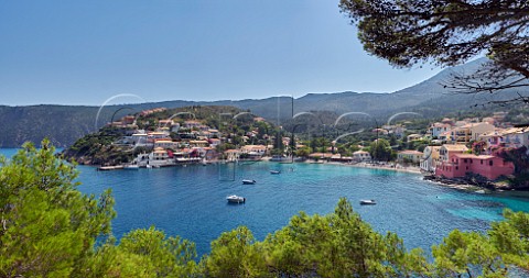 Village of Assos with houses and tavernas overlooking its bay Cephalonia Ionian Islands Greece