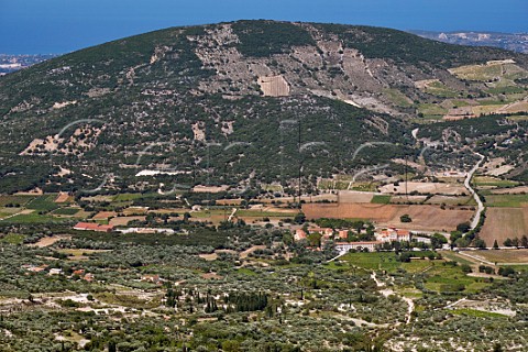 View from Mount Aenos down to the Omala Valley Agios Gerasimos Monastery and Robola Wine Cooperative winery and vineyards Cephalonia Ionian Islands Greece