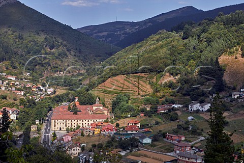 Monasterio de Corias now a Parador in the valley of the Ro Narcea with terraced vineyards on the slopes Cangas del Narcea Asturias Spain  Cangas