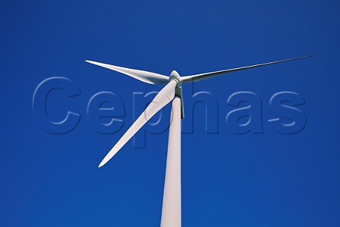 Blades of a wind powered generator at a wind farm on ridge at Alto de la Casa del Puerto altitude 1025m Near Tineo  Asturias Spain
