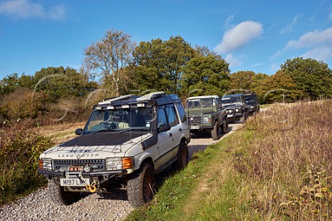Land Rovers on a Byway Open To All Traffic at Newlands Corner on the North Downs Guildford Surrey England