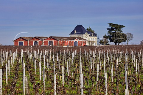 Chteau Lvangile and its chai in Pomerol viewed over vineyard of Chteau Cheval Blanc in Stmilion  Gironde France   Pomerol  Saintmilion  Bordeaux