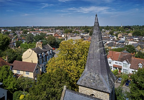 View over East Molesey with St Marys Church spire in foreground Surrey UK
