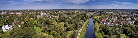Panoramic view over East Molesey with River Mole and River Ember City of London is middle of the horizon with Wembley Stadium arch centreleft  Surrey UK