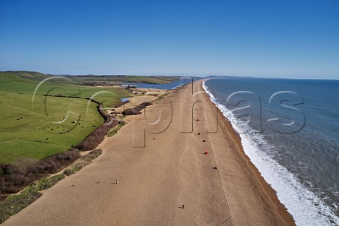 Chesil Beach at Abbotsbury looking southeast to Isle of Portland Dorset England