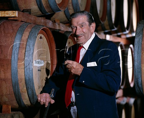 The late Max Schubert died 1994 with a sample of   Grange Hermitage taken from barrel   Penfolds Magill winery Adelaide  South Australia