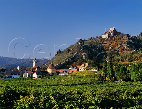 Village of Durnstein with its ruined castle on the hill where Richard the Lionheart was imprisoned  Austria Wachau