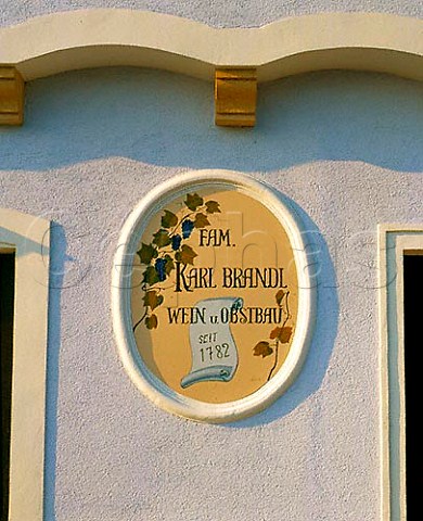 Plaque on wall of wine cellar belonging to the   family Karl Brandl at Rossatz in the Danube Valley   Niedersterreich Austria   Wachau
