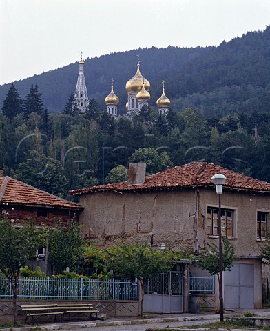 Domes of orthodox monastery above town of Shipka near Kazanlak Bulgaria
