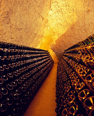 Pupitres in the cellars of Taittinger in the 4thcentury Gallo Roman chalk quarries of Reims Marne France Champagne