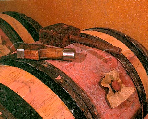Bung in oak wine barrel along with tools used to   insert and remove it   Domaine Guigal Ampuis Rhne France  Cte Rtie