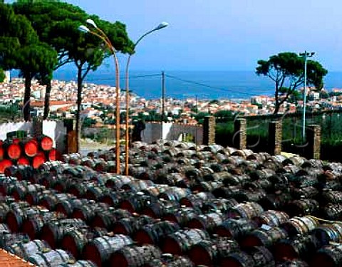 Casks of wine stored in the open air at Cellier des   Templiers Banyuls PyreneesOrientales France   Banyuls