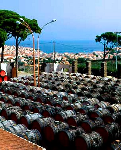 Casks of wine stored in the open air at Cellier des   Templiers Banyuls PyreneesOrientales