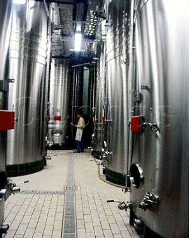 Champagne Gosset At Marne France Checking temperature of wine in stainless steel tanks