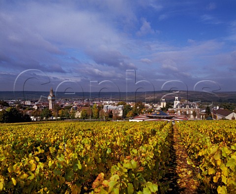 Vineyard of Mercier with their visitor centre on right and the tower of Champagne de Castellane on left pernay Marne France 