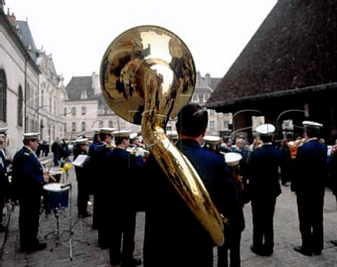 Brass band playing outside the Hospices de Beaune   before the wine auction on the third Sunday in   November