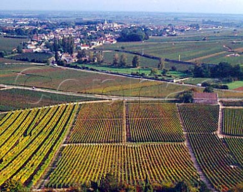 View over les Duresses vineyard in AuxeyDuresses to   the town of Meursault Cote dOr France