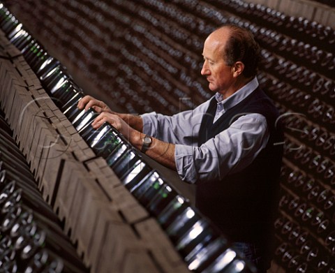 Performing the remuage on bottles of Crmant de Limoux in the cellars of Les Caves du Sieur dArques   Limoux Aude France