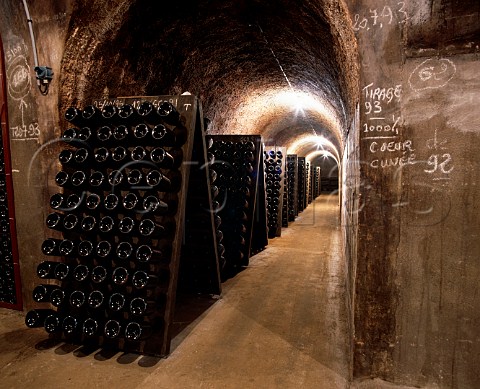 Bottles in pupitres in the cellars of   Champagne Vilmart RillylaMontagne Marne France