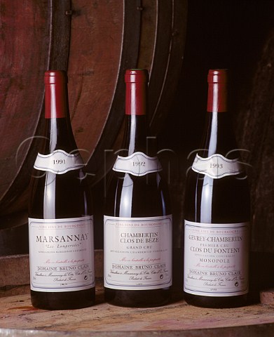 Three bottles of red Burgundy in cellar of Domaine Bruno Clair Marsannay Les Longeroies 1991 Chambertin Clos de Bze 1992 Clos du Fonteny 1993  MarsannaylaCte Cte dOr France