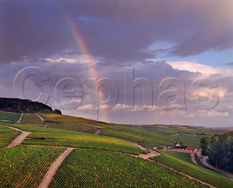Harvesttime rainbow over Grenouilles Valmur and Les Clos vineyards with Chteau Grenouilles of La Chablisienne cooperative Chablis Yonne France  Chablis Grand Crus